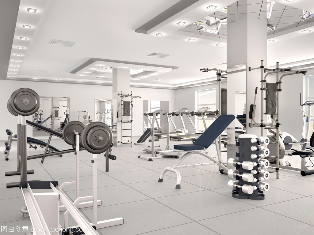 内政部的新现代健身房/健身设施与设备。3d 图